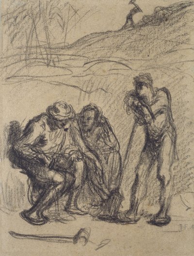 Kolme talonpoikaa lepäämässä, yksi nojaten lapioon (musta värikynä paperilla) tekijältä Jean Francois Millet